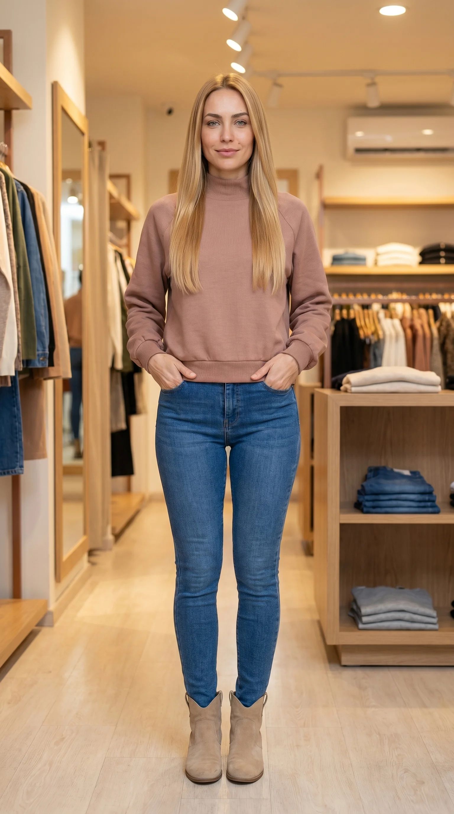 Jeans azul médio com modelagem skinny de cintura alta. Caimento ajustado que valoriza a silhueta.