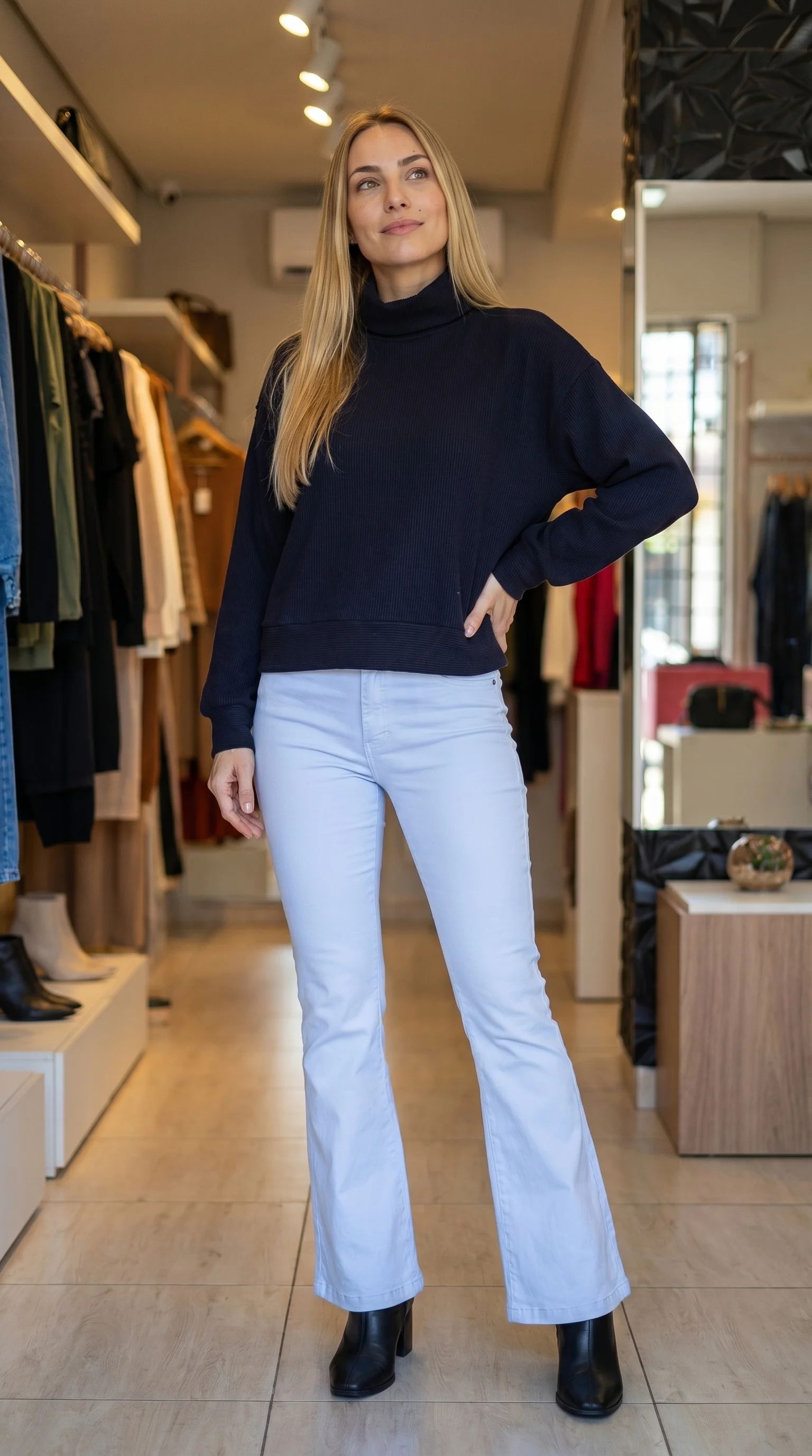 Jeans em tom azul celeste claro, com cintura alta e modelagem flare discreta. Valoriza a silhueta.