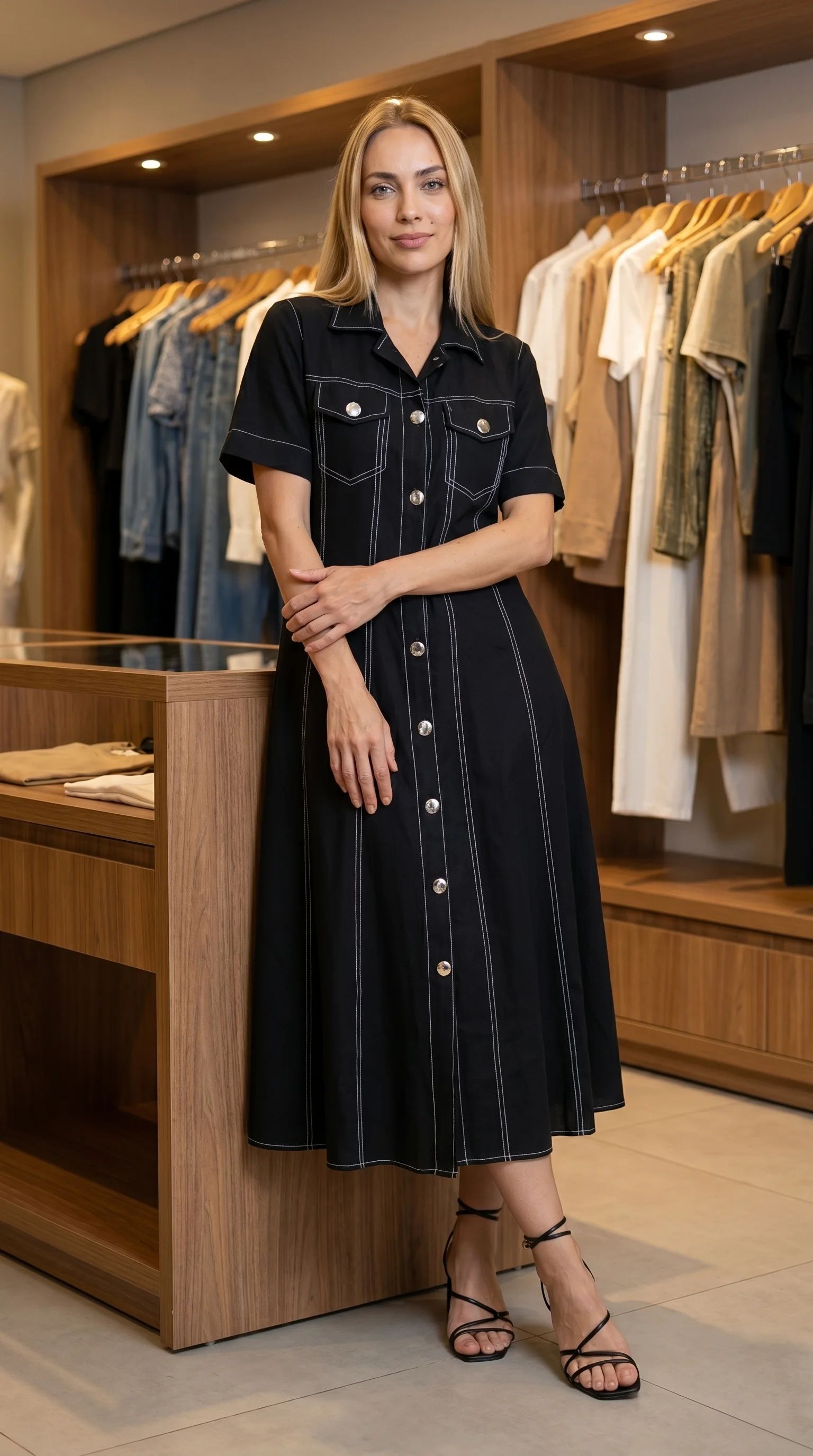 Algodão preto com gola de camisa e abotoamento frontal. A costura branca realça os bolsos e a saia evasê midi.