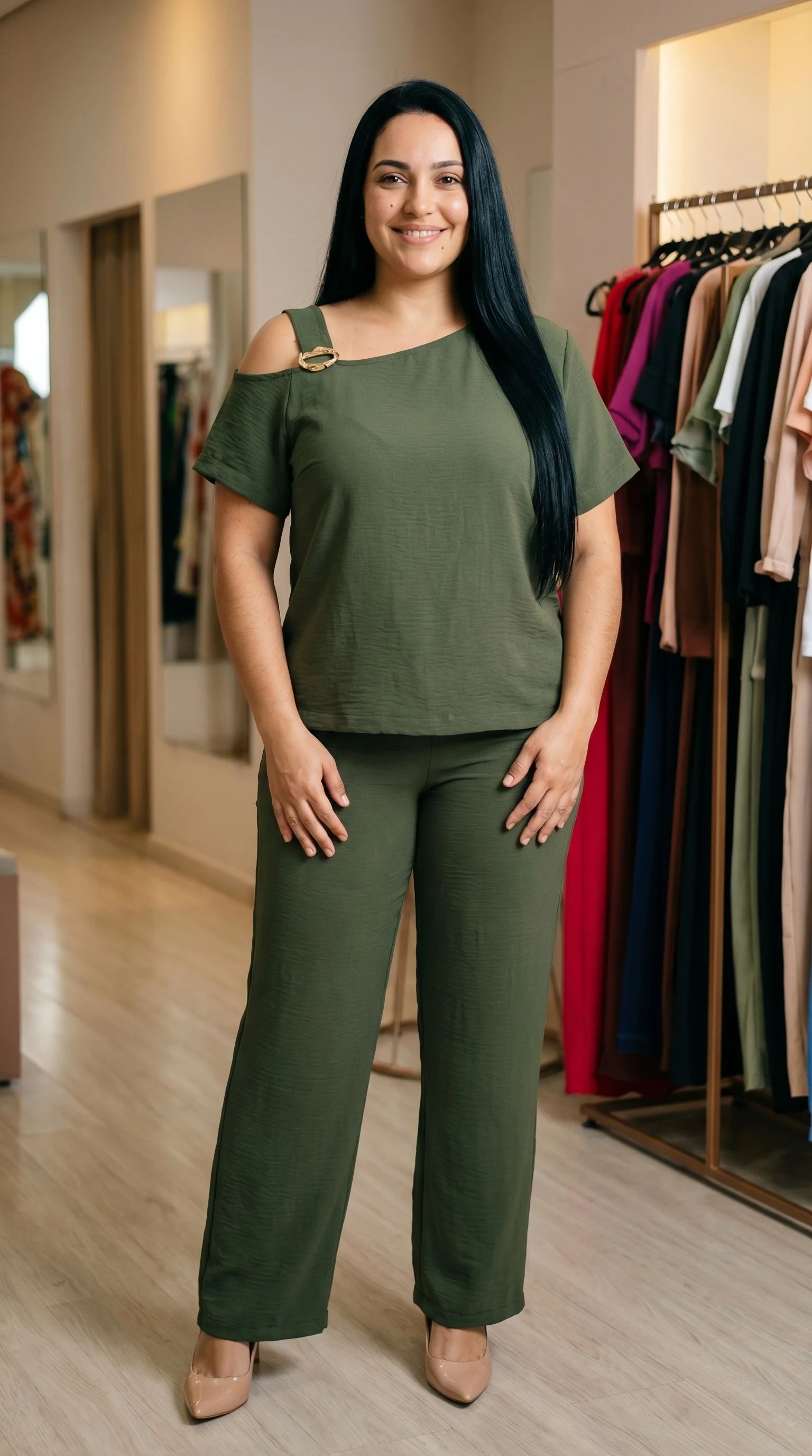 Eleve seu guarda-roupa casual com o nosso Conjunto Monochrome na cor verde oliva. Confeccionado em tecido com textura leve e toque macio, este conjunto oferece o equilíbrio perfeito entre conforto e estilo refinado.