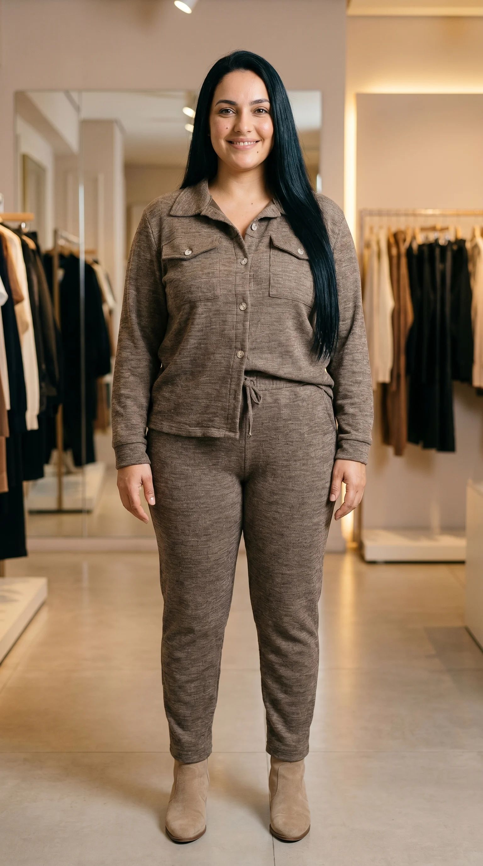 Tricô mescla em tom taupe. Blusa tipo camisa com bolsos no peito e calça jogger de amarração.
